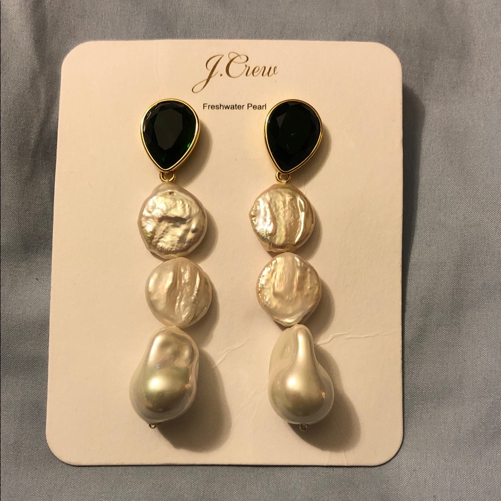J. Crew Green Rhinestone and Freshwater Pearl Earrings